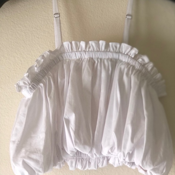 Cinqt a Sept Ivee puffball cropped cotton top Reg. $225 white SZ XXS | O/2 - Picture 6 of 7